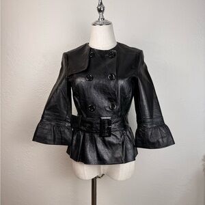 VINTAGE 2001 Bebe Genuine Leather Belted Peplum Jacket Black SzS